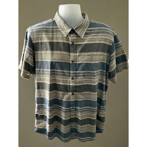 Vissla Striped Short Sleeve Casual Button Down Shirt Cotton Blue Tan Mens Large - Picture 6 of 7